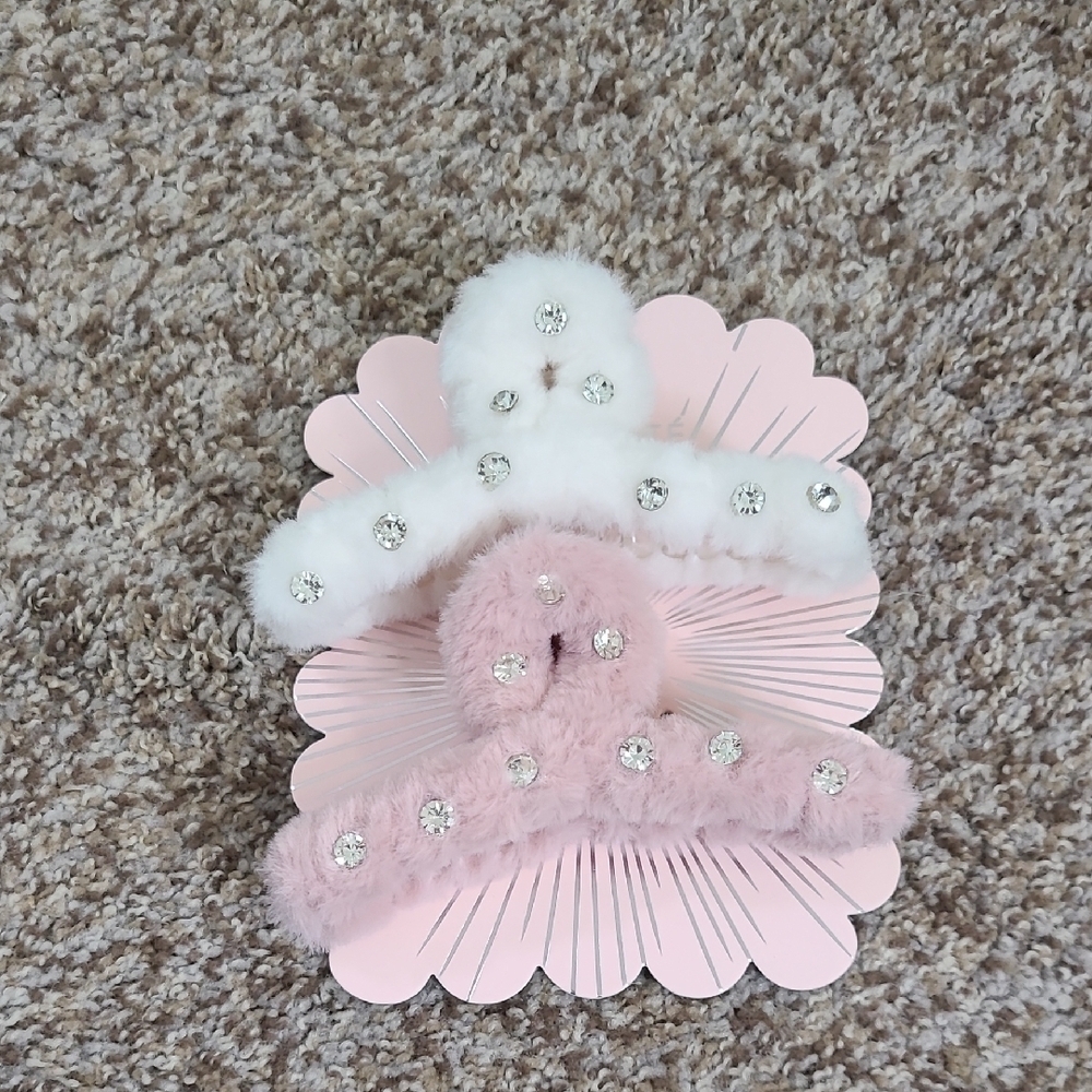Enchante Faux Fur Hair Clips with Rhinestones